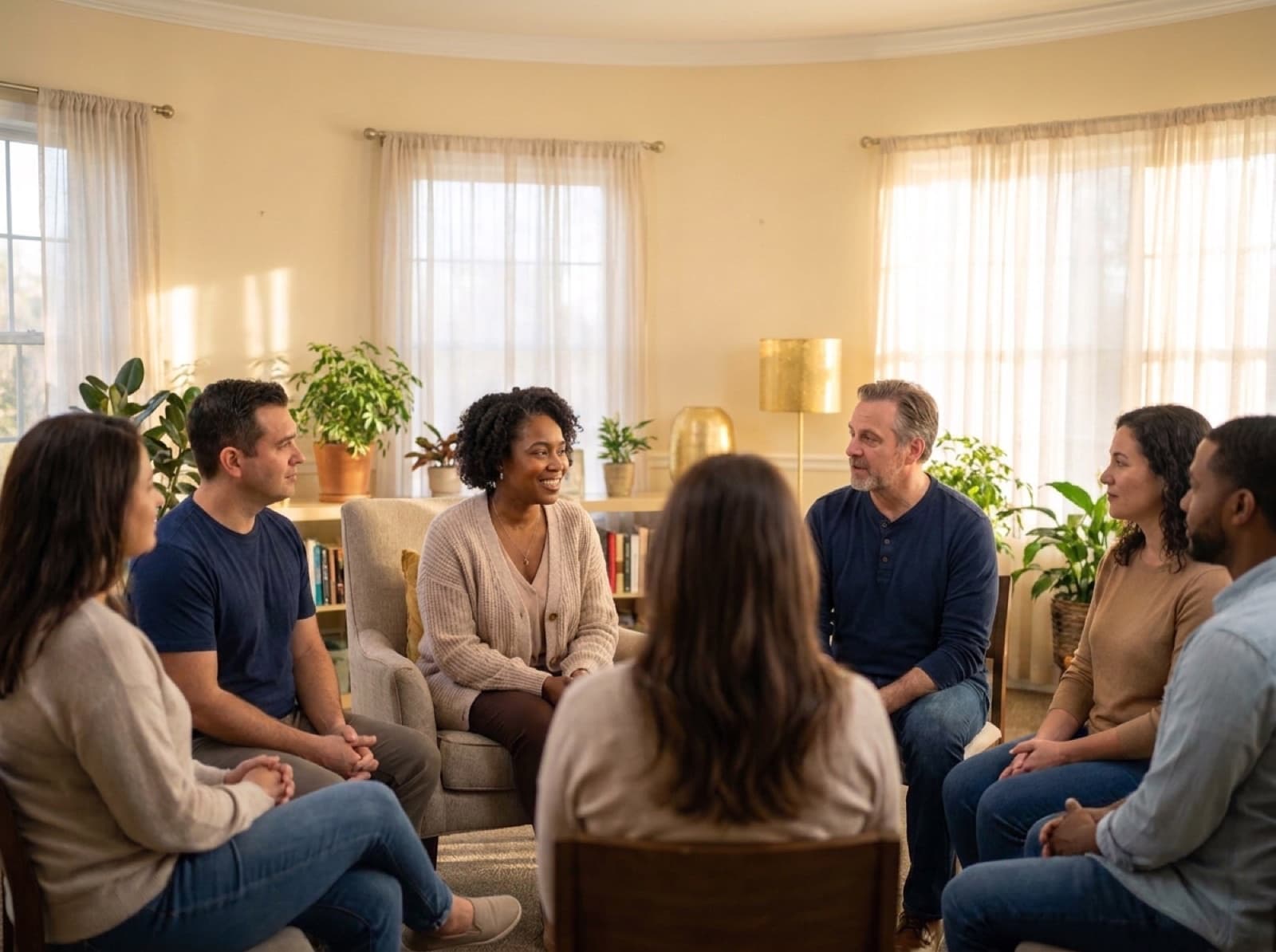 A supportive group therapy session in a welcoming treatment space